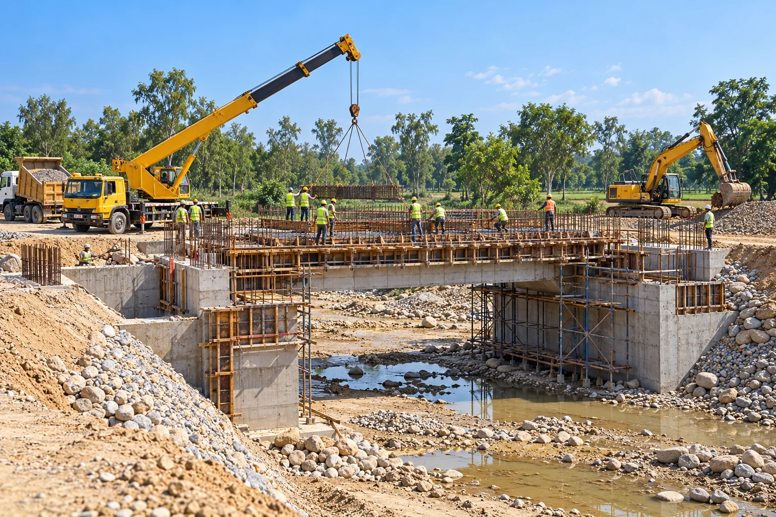 Concrete bridge deck and abutments under construction over a seasonal riverbed